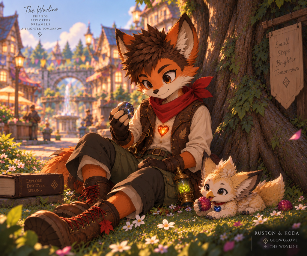 Ruston resting under a tree in Glowgrove with his companion Koda