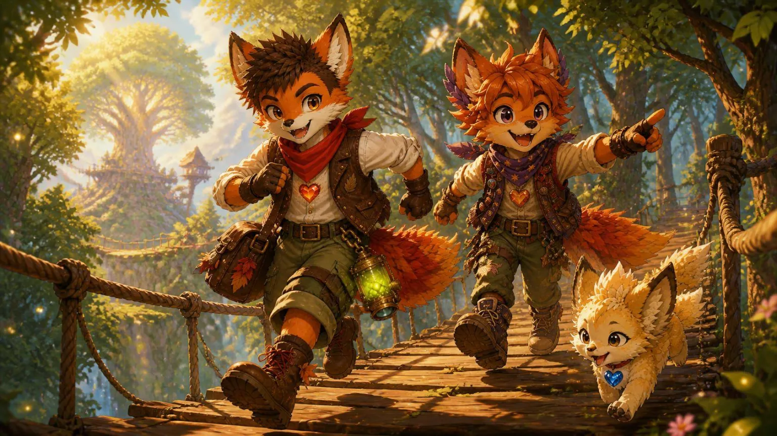 Two fox adventurers running across a rope bridge with a small cub following