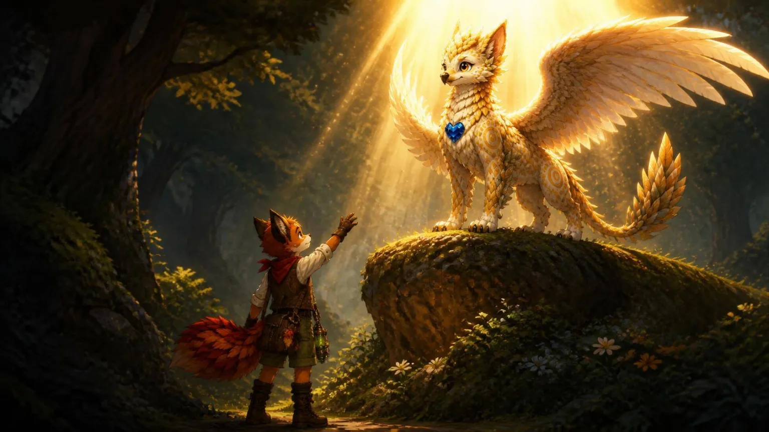A small Wovlin reaching toward a great winged creature with a glowing heart crystal